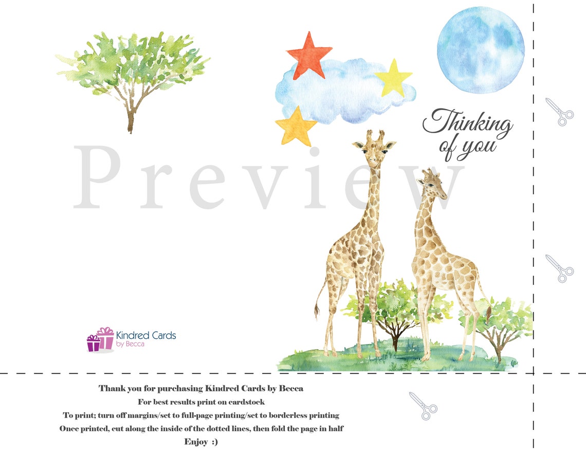 Thinking of You Card Giraffe Collection PRINT YOUR OWN Digital Copy