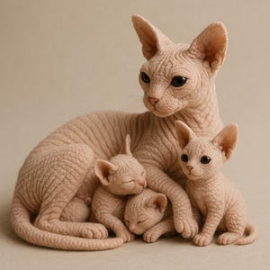 May include: A family of Sphynx cats, featuring a mother cat and three kittens. The cats are a light peach color, with wrinkled skin and large ears. The kittens are nestled close to the mother, two sleeping and one awake.