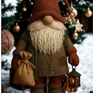 May include: A handcrafted Christmas gnome doll with a long, white beard, a red hat, and a brown coat. The gnome holds a lantern and a small sack. The background features a Christmas tree with gold ornaments and a snowy ground.