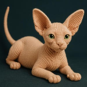 Puede incluir: Una figura de gato Sphynx tejida a ganchillo en color beige claro. El gato tiene orejas grandes y erguidas, ojos verdes y un aspecto detallado y texturizado. El gato está tumbado con las patas extendidas y la cola curvada.