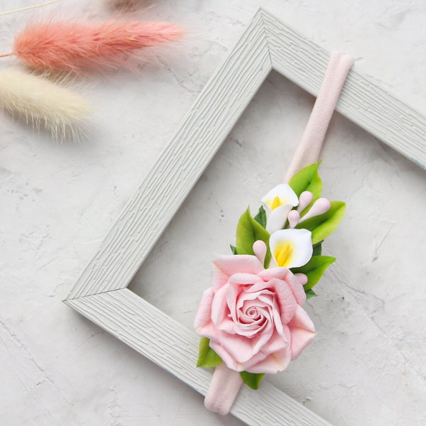 baby headband pink rose and calla lily - girl infant floral tie back headband - headpiece photo prop calla lilly -  baby girl 1st birthday