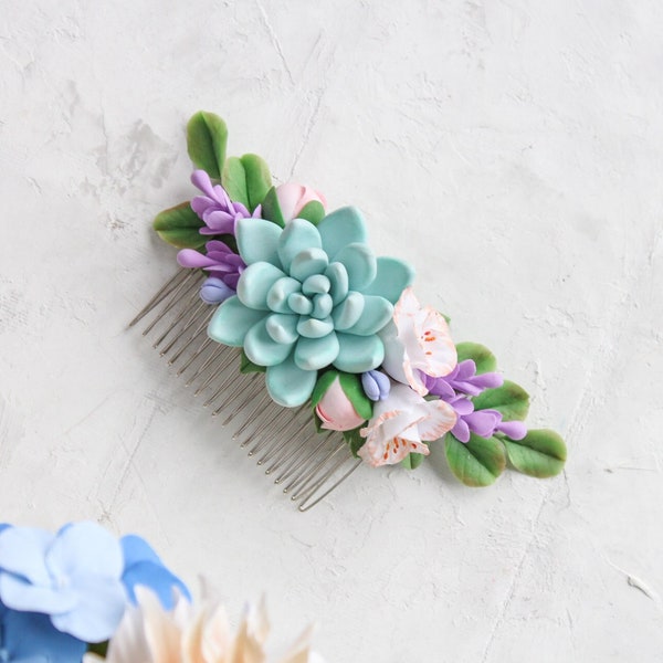 mint succulent hair comb - green succulent hair piece wedding Tropical - Boho hair comb Rustic Natural looking Flower hair piece for bride