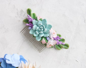 mint succulent hair comb - green succulent hair piece wedding Tropical - Boho hair comb Rustic Natural looking Flower hair piece for bride