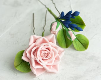 hair pins dusty pink Rose and Eucalyptus- head piece bridesmaids blush hair pins - floral hair pieces bridal rustic greenery - small flowers