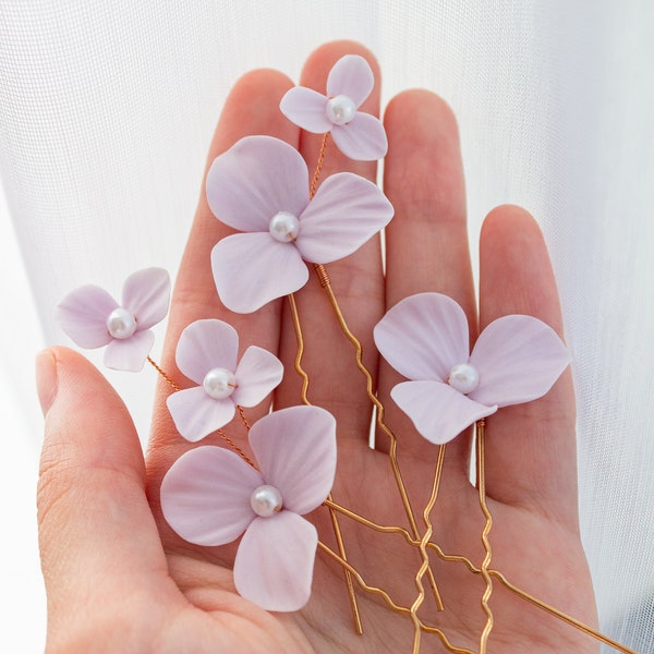 Wedding purple hair pin set flowers -  headpiece Bridal Flowers -Purple blue floral hair pins - Floral hairpiece Bridesmaid Boho wedding
