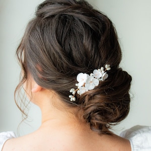Wedding white hair comb Porcelain flowers- bridal gold accessories with delicate off white florals-Freshwater Pearl-Custom Design head piece