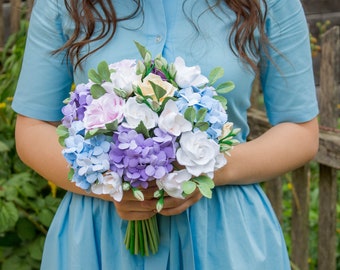 bridal bouquet, Bridal Rustic Bridal Bouquet Blue Hydrangea, Clay Flower Bouquet Hand Bouquet Bridal Bouquet Clay Flowers