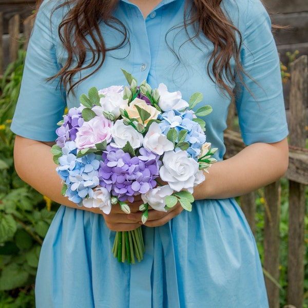 bridal bouquet, Bridal Rustic Bridal Bouquet Blue Hydrangea, Clay Flower Bouquet Hand Bouquet Bridal Bouquet Clay Flowers