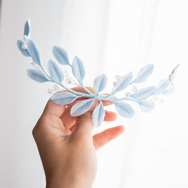 Blue leaf hair vine wedding- small floral for hair- blue hair piece Bridesmaid - laurel leaf headpiece bridal hair accessories