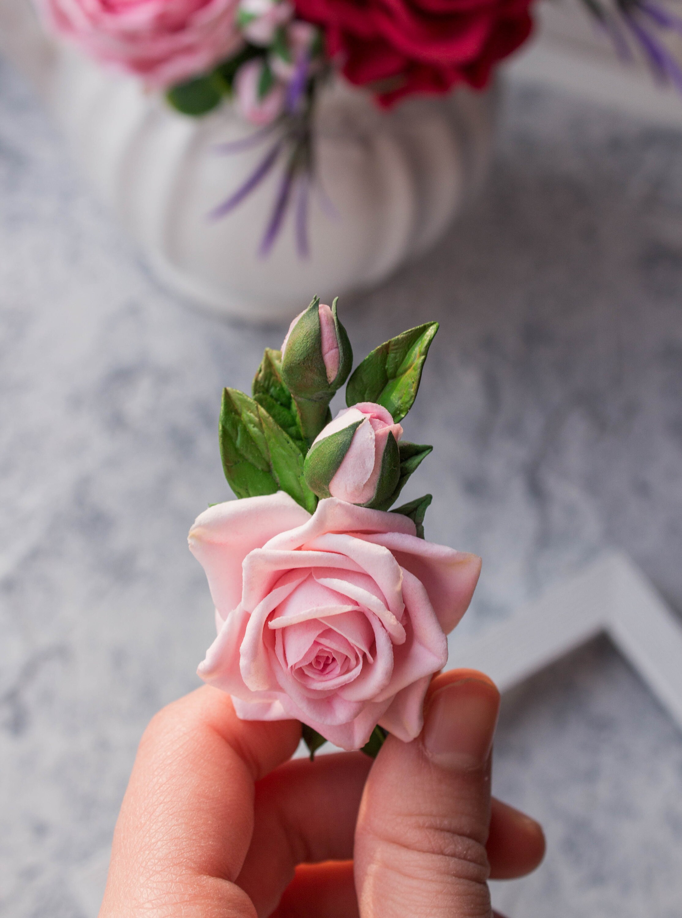 Handmade Pink Rose Hair Clip: Polymer Clay Bridal Hairpiece 