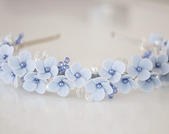 Blue flowers hair crown wedding- small floral for hair-Dusty blue hydrangea hair piece Bridesmaid - floral headpiece bridal hair accessories