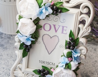 blue floral picture frame home decor - girls room flower wall decor - wedding photo frame