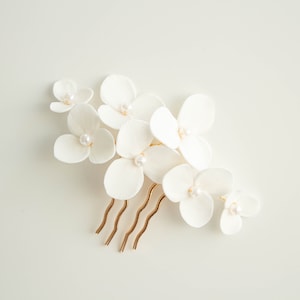 Wedding white hair comb Porcelain flowers- bridal accessories with delicate off white florals- Ceramic Flower Pearl-Custom Design head piece