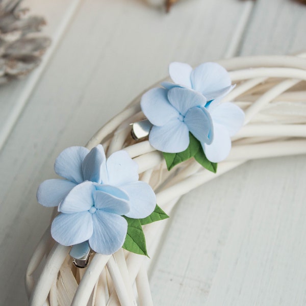 Hydrangea hair clip - blue hydrangea on a hair pin for girl - Minimalist flowers hair accessories - floral hair clip baby 1st birthday girl