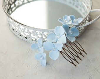 Blue hydrangea hair comb wedding- small floral for hair- blue flower hair piece Bridesmaid - floral headpiece bridal hair accessories