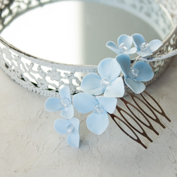 Blue hydrangea hair comb wedding- small floral for hair- blue flower hair piece Bridesmaid - floral headpiece bridal hair accessories