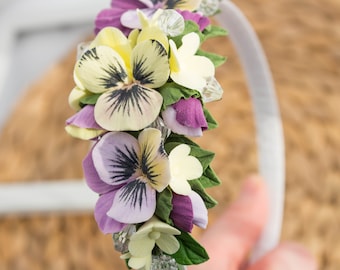 Spring hair  wreaths pansy for girl. Pansy flower in purple and yellow in hair accessories. Hair crown flower pansies for birthday.