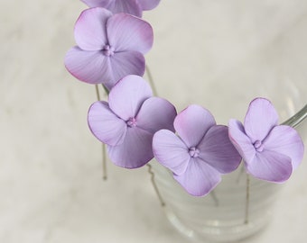 Purple hydrangea hair pins wedding- small purple floral for hair- violet flower hair piece Bridesmaid- floral headpiece bridal accessories