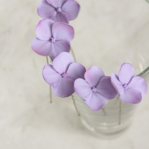 Purple hydrangea hair pins wedding- small purple floral for hair- violet flower hair piece Bridesmaid- floral headpiece bridal accessories