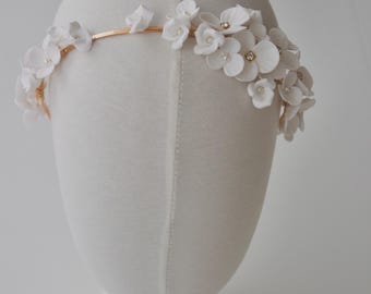 Bridal Flower Crown – Handmade Polymer Clay White Flower Headpiece