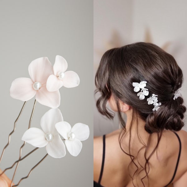 Épingle à cheveux blanche mariage fleurs - casque fleurs de mariée - petites épingles à cheveux florales blush - accessoires cheveux de mariage blanc fleur d'argile