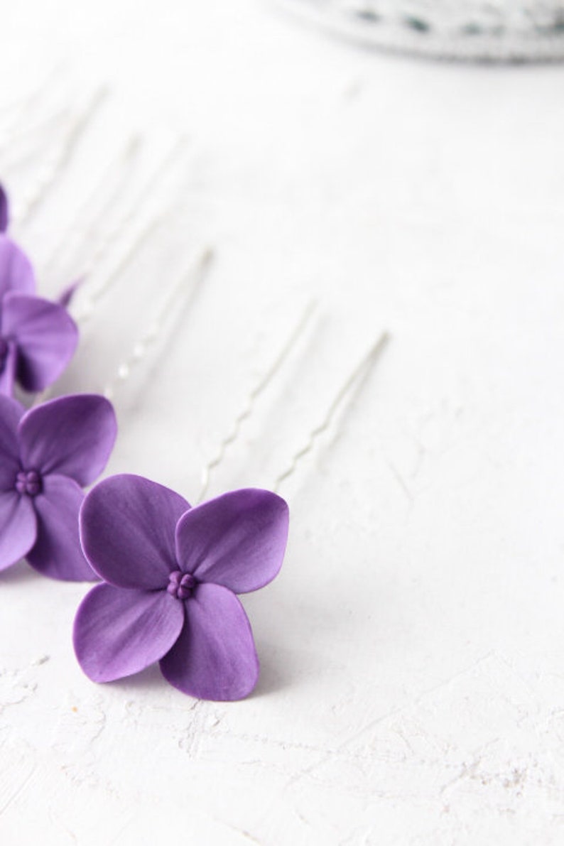 Purple hydrangea hair pins wedding small purple floral for hair violet flower hair piece Bridesmaid floral headpiece bridal accessories image 3