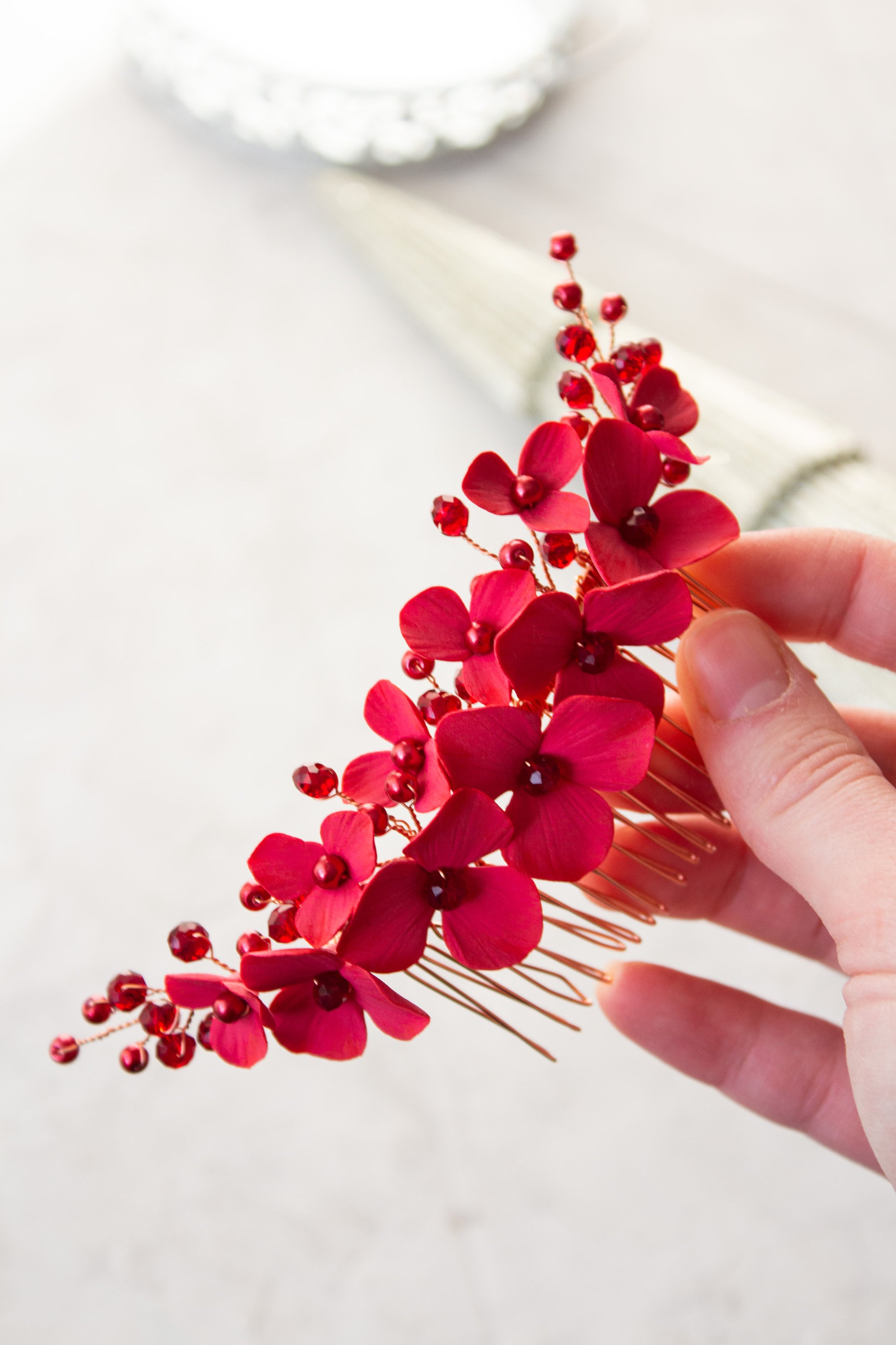 Red Flowers Hair Comb Burgundy Headpiece Bridal Ruby Red Etsy