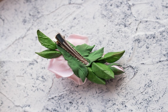 Handmade Pink Rose Hair Clip: Polymer Clay Bridal Hairpiece 
