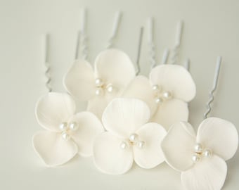 Witte porseleinen bloem bruiloft haarspelden - hoofddeksel Bruidsbloemen - Bruiloft witte haarspeld set bloemen - haaraccessoires kleibloem