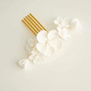 Wedding white hair comb Porcelain flowers- bridal gold accessories with delicate off white florals-Custom Design head piece