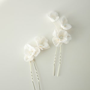 Wedding Hair Pin with Porcelain Flowers headpiece Bridal Flowers Wedding white hair pin set flowers Handmade Clay Blossom Hair Jewelry image 10