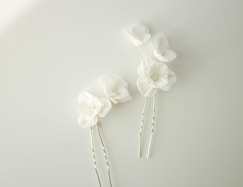 Wedding Hair Pin with Porcelain Flowers headpiece Bridal Flowers Wedding white hair pin set flowers Handmade Clay Blossom Hair Jewelry image 10