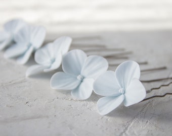 Hortensia azul alfileres de pelo boda- pequeño floral para el cabello- pieza de pelo de flor azul Dama de honor - tocado floral accesorios para el cabello nupcial