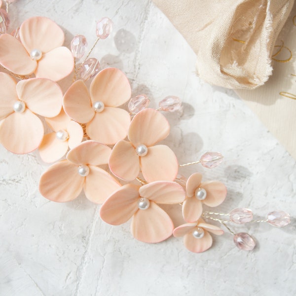 Peach Hair Vine- Ivory Pearl Wedding Headpiece- Flower Hair Pins- Peach Flowers Headband Wedding Tiara-  hair accessories clay flower