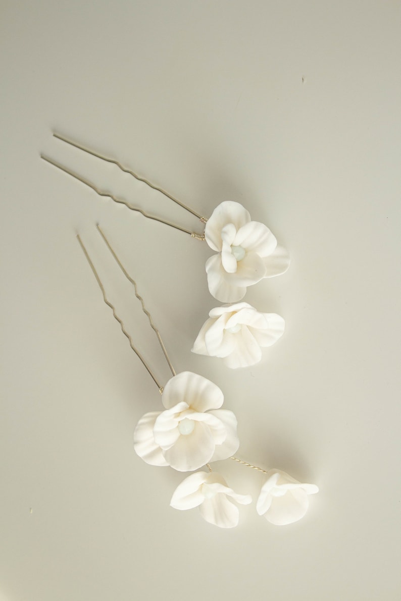 Wedding Hair Pin with Porcelain Flowers headpiece Bridal Flowers Wedding white hair pin set flowers Handmade Clay Blossom Hair Jewelry image 2