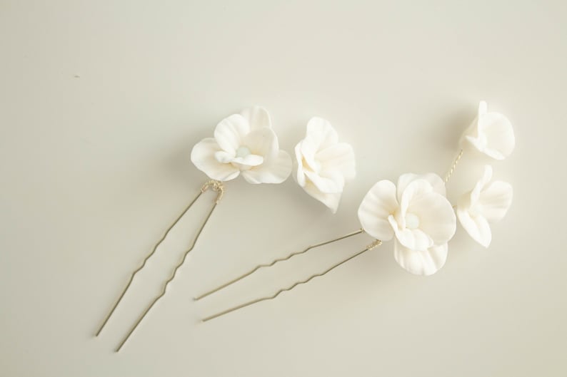 Wedding Hair Pin with Porcelain Flowers headpiece Bridal Flowers Wedding white hair pin set flowers Handmade Clay Blossom Hair Jewelry image 1