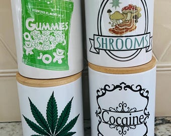 Ceramic Stash Jar with Bamboo Lid: Funny Weed/Shrooms Design