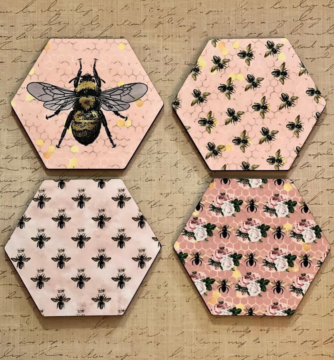 Pink Bee Coaster Set: Vintage Farmhouse Decor, Set of 4 - Etsy