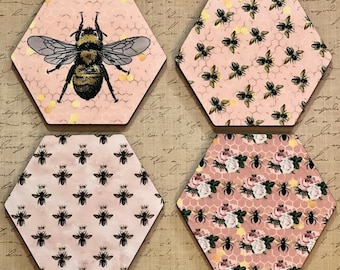 Pink Bee Coaster Set: Vintage Farmhouse Decor, Set of 4