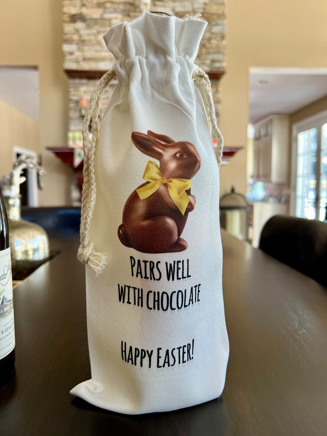 Chocolate Bunny Wine Bag, Easter Hostess Gift, Happy Easter Wine Tote