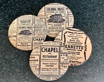 1946 Vintage Newspaper Coasters, New Haven, CT, Vintage Stores, Vintage Nightclubs, New Haven, CT, 1946, 1940’s, Retro, Old newspaper,