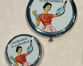 Medicated and Motivated Pill Box and Compact Mirror: Funny Retro Housewife Travel Pill Carrier and Cosmetic Mirror