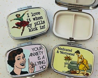 Retro Funny Pill Box: Saracastic Housewives Meds Travel Pill Case, 50s Housewife