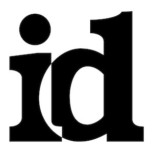 Peut inclure: Logo noir et blanc avec les lettres "id" en police épaisse sans empattement. Le "i" a un cercle au sommet.