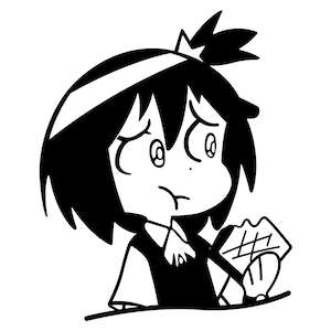 May include: Black and white cartoon illustration of a girl with a crown on her head, wide eyes, and a worried expression. She is holding a piece of chocolate in her hand.