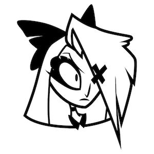 May include: A black and white graphic sticker featuring a stylized cartoon character head with a large bow in the hair, a prominent eye with thick lashes, and an X-shaped mark covering the other eye, rendered in bold, clean lines.