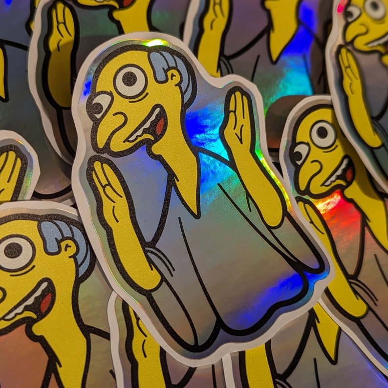 May include: A sticker featuring a cartoon character with yellow skin, a blue shirt, and a surprised expression. The character is raising both hands in the air. The sticker has a holographic finish.