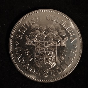 MINT 1971 Canadian BC Centennial Dollar Coin (Nickel), Brilliant Uncirculated (22L24X54a)
