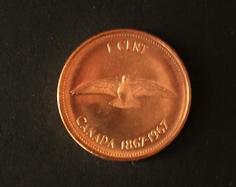 Brilliant Uncirculated Canada 1967 Copper Penny, Centennial Rock Dove Canadian Penny
