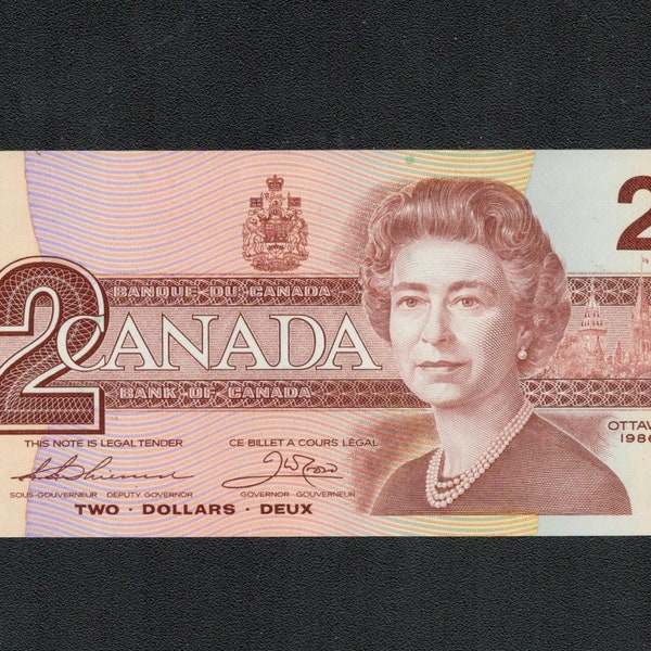 Scarce RADAR 1986 Canadian Two Dollar Banknote, Thiessen-Crow, EGG Prefix. Uncirculated (BC-55b-i) (24A25V14a)